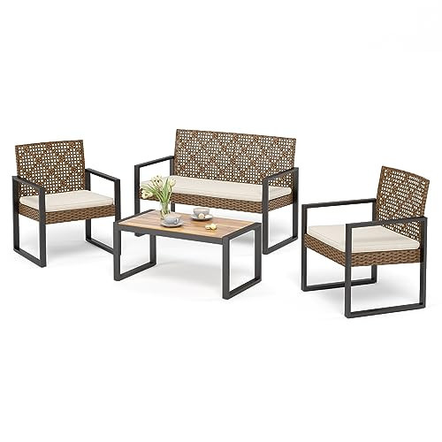 Sophia & William 4 Pieces Patio Conversation Set, Wicker Outdoor Furniture Set for 4, All Weather Outdoor Seating Set, Rattan Loveseat & Single Chairs with Cushions & Acacia Wood Coffee Table | Amazon (US)