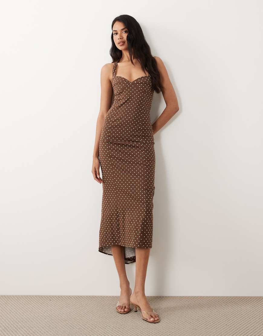 ASOS DESIGN fluted hem halter neck dress in brown polka dots | ASOS (Global)