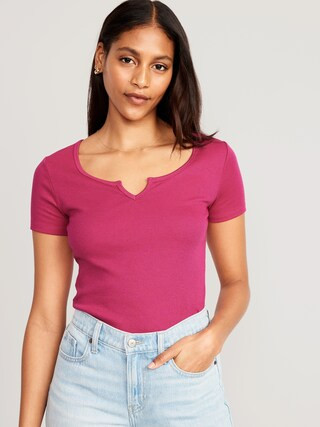Fitted Split-Neck Rib-Knit T-Shirt for Women | Old Navy (US)
