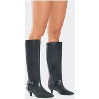 Spring Buckle Detail Pointed Toe Knee High Kitten Heel Boot In Black Faux Leather, Women's Size UK 4 | EGO (UK)