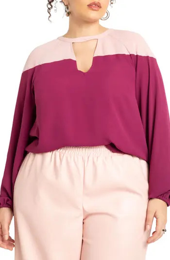 ELOQUII Colorblock Cutout Long Sleeve Blouse | Nordstrom | Nordstrom