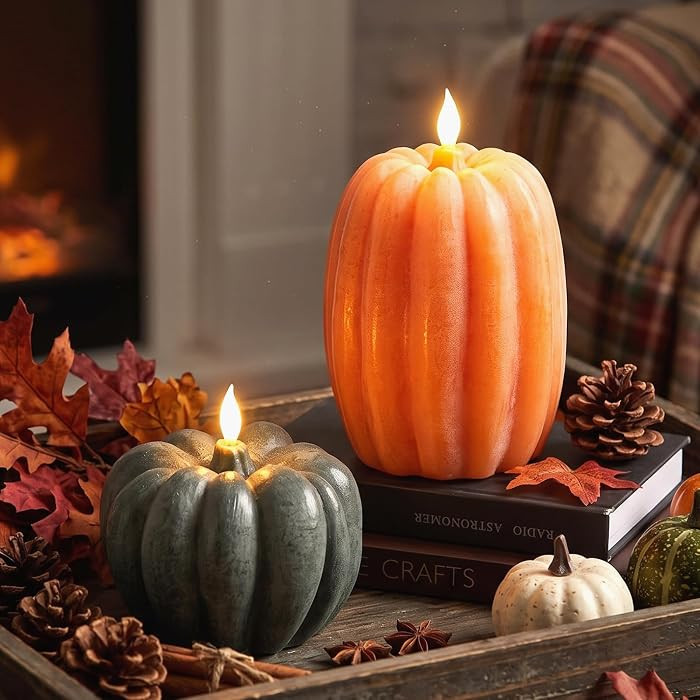 2 Pcs Large Pumpkin Figural Flameless Candles with Timer Remote Control 4.7" x 6.7", 4.9" x 4.5" Battery Operated Flame LED Candle for Fall Thanksgiving Halloween Home(Green,Orange) | Amazon (US)