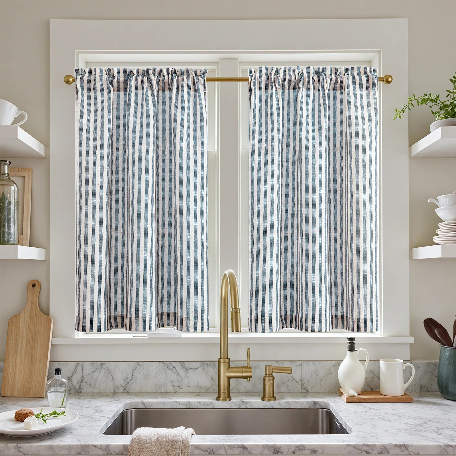 Linen Rod Pocket  Light Filtering Striped Kitchen Cafe Curtains Curtains (Set of 2) | Wayfair North America