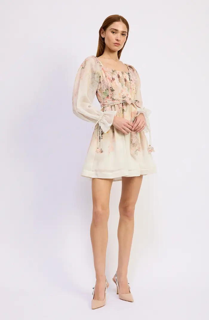 Floral Print Tie Waist Long Sleeve Chiffon Minidress | Nordstrom