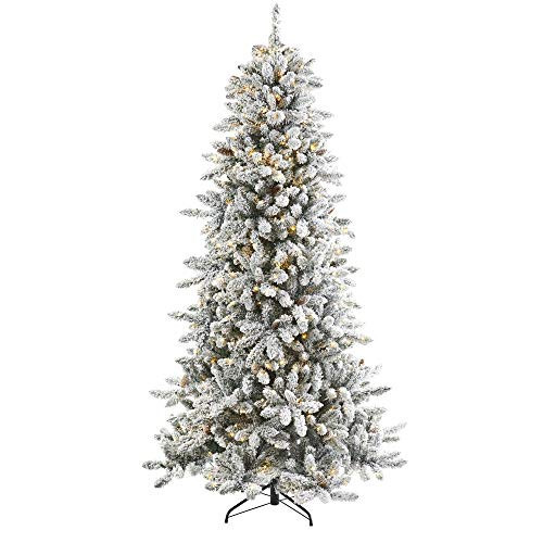 Nearly Natural 7.5ft. Flocked Livingston Fir Artificial Christmas Tree with Pine Cones and 500 Clear Warm LED Lights | Amazon (US)