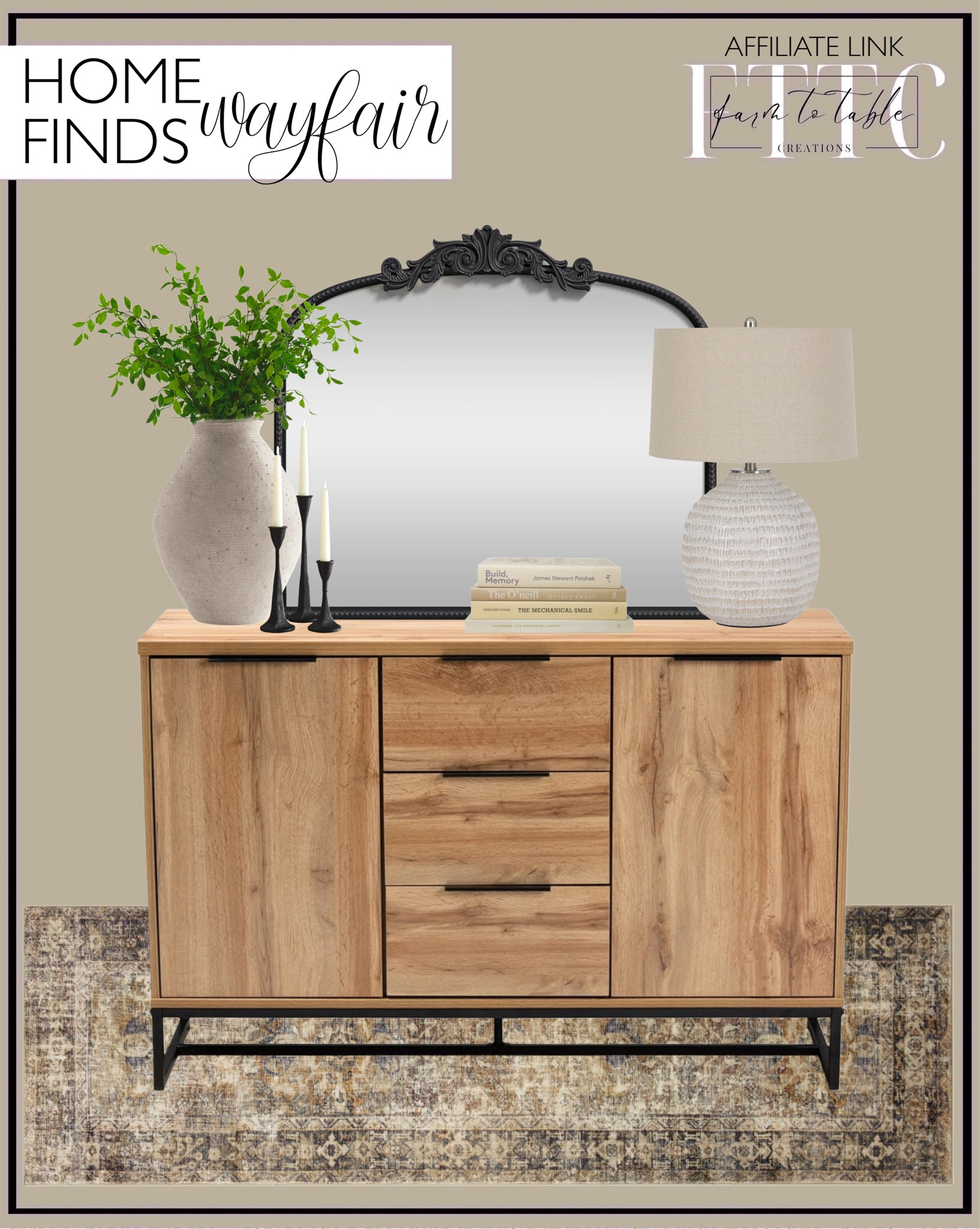 Wayfair Home Finds. Follow @farmtotablecreations on Instagram for more inspiration.

Sideboard Buffet. Morgan Sunset Loloi Runner. Iron Flat Mirror. Ceramic Table Lamp. Iron Candlesticks. Textured Vase. Unscented taper candles. Decorative books. Faux Ivy stems. 

Coffee Bar | Cocoa Bar | Amazon Home |  Bathroom | Curated Entryway | Spring Decor | End of Year Clearance | Trending Decor | Viral Decor | Amazon Holiday | Bedroom corner | Coffee Table Decor | Neutral Decor | Fall Stem Sale | Target Finds | Skinny Bench | Bedroom | Living Room | Breakfast Nook | Amazon Home | Target Sale | Loloi Rugs | Magnolia Home | console table | console table styling | faux stems | entryway space | front porch decor | neutral decor | entryway decor | cozy home | affordable decor |  home decor | home inspiration | console styling | entryway rug | cozy moody home | moody home decor | neutral home | bathroom decor | living room

#LTKHome #LTKSaleAlert #LTKFindsUnder50
