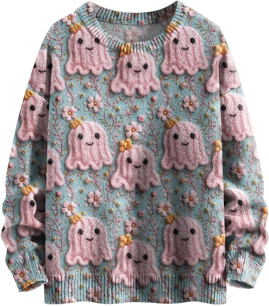 Halloween Sweatshirts for Women Ghost Reading Books Knit Sweater Cute Spooky Shirt Fall Crewneck ... | Amazon (US)