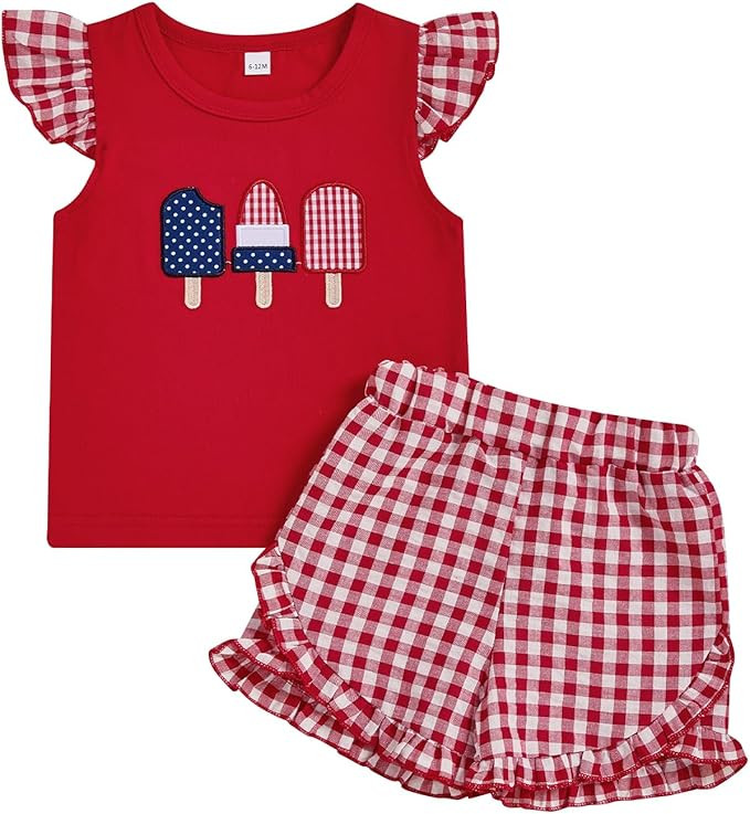 Karuedoo 4th of July Toddler Baby Girl Outfit Popsicle Embroidery Flutter Sleeve T Shirt Tops and... | Amazon (US)