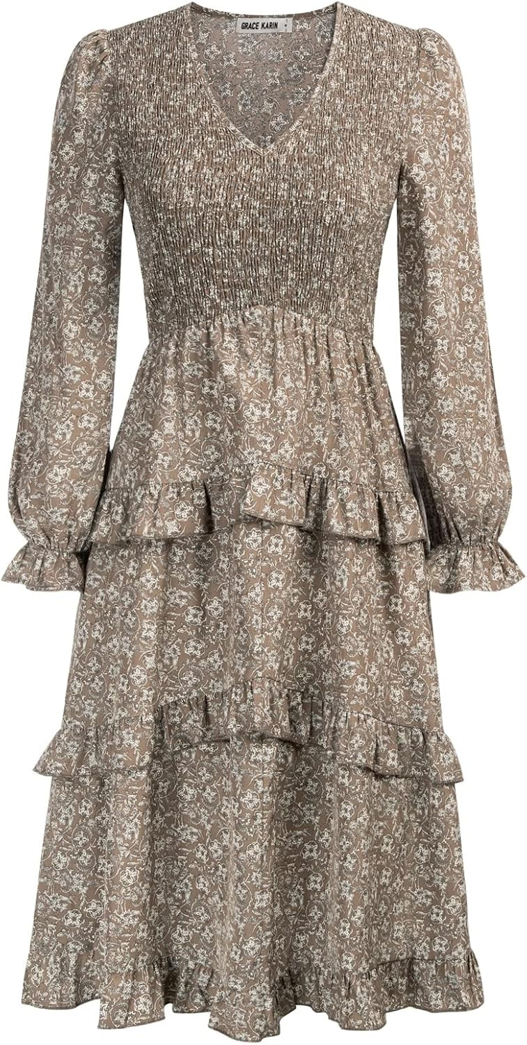 GRACE KARIN Women's Casual Long Sleeve Midi Dress V Neck Smocked Ruffle Tiered Flowy Dresses | Amazon (US)