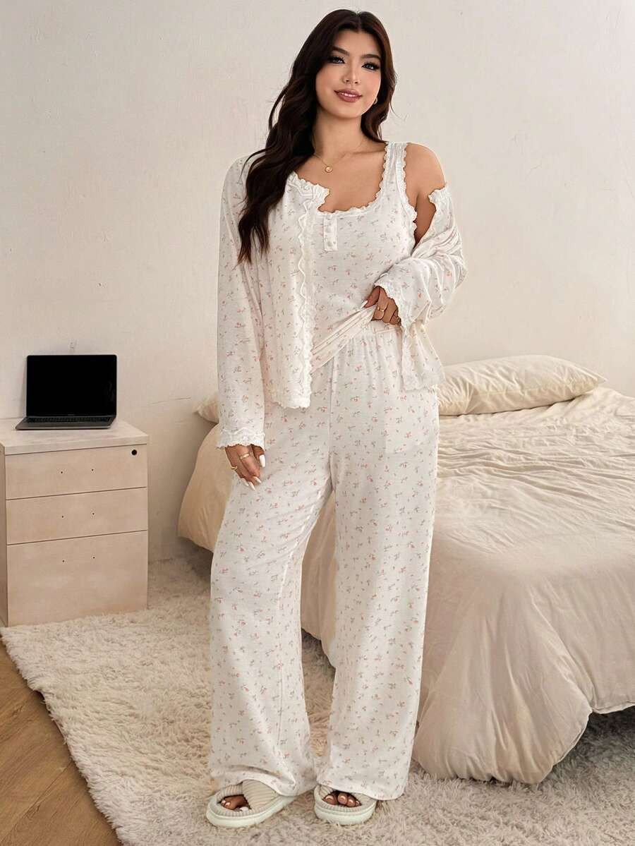 Dazy Plus 3pcs Plus Size Women Ditsy Floral Camisole Cardigan Pants Pajama Set, Fashion Sleepwear... | SHEIN
