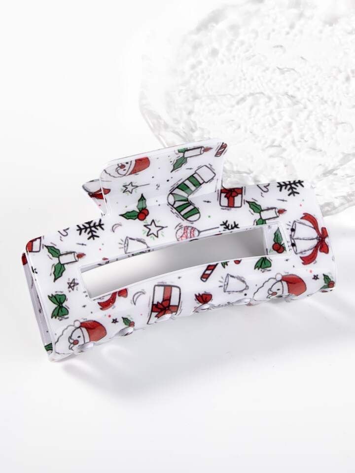 1pc Christmas Theme Medium Size White Stocking Printed Acrylic Hair Clip | SHEIN
