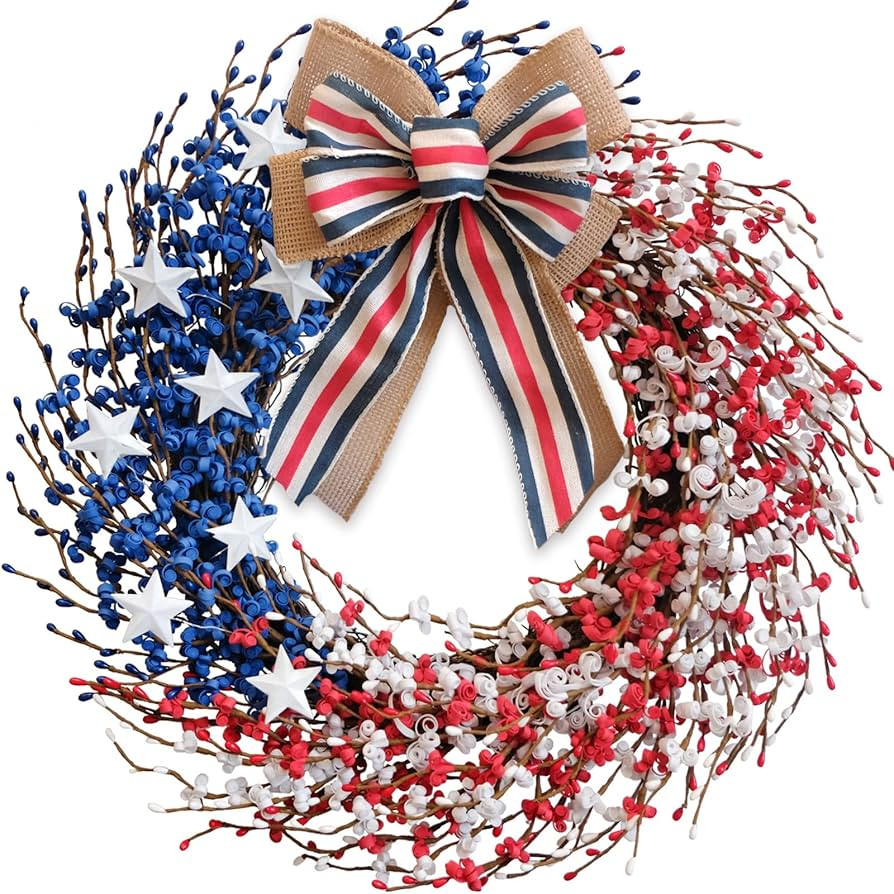 4th of July Wreath 22 inch, Patriotic Wreath for Front Door, Red White Blue American Independence... | Amazon (US)