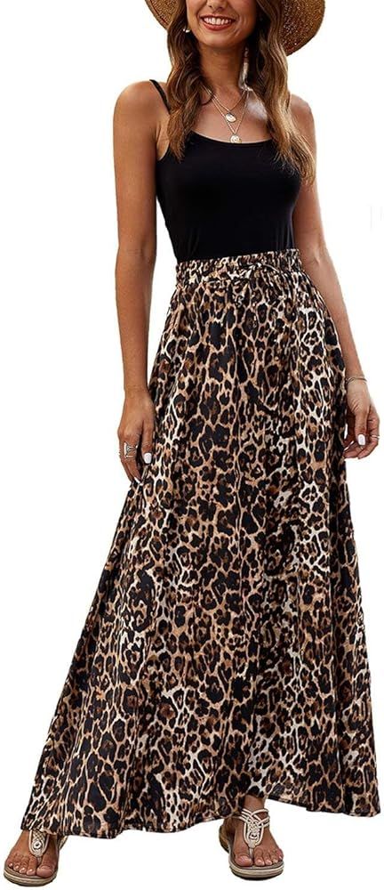 Women Maxi Beach Skirts Summer Leopard Print Beach Pleated Elastic High Waisted Long Skirts | Amazon (US)