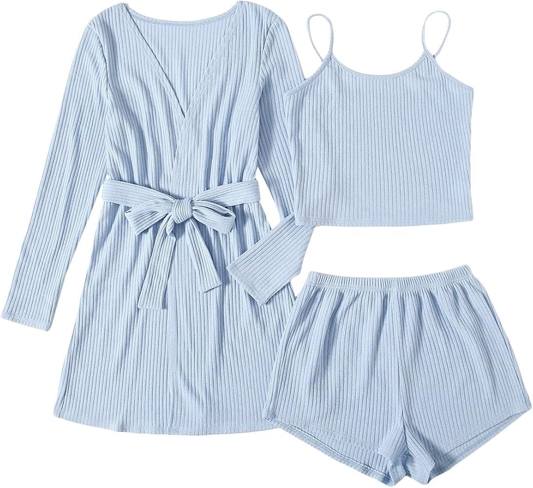 SheIn Women's 3pcs Rib Knit Lounge Wear Cami Shorts Pajama Set with Belted Robe | Amazon (US)