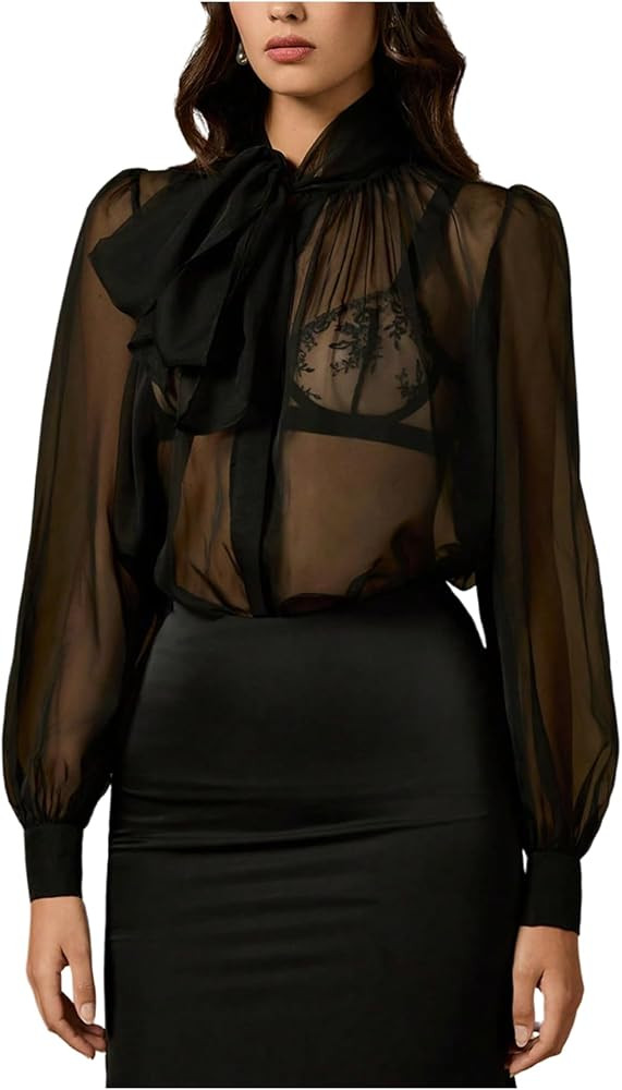 GORGLITTER Women's Mesh Sheer Blouse Bow Neck Bishop Long Sleeve Tops | Amazon (US)