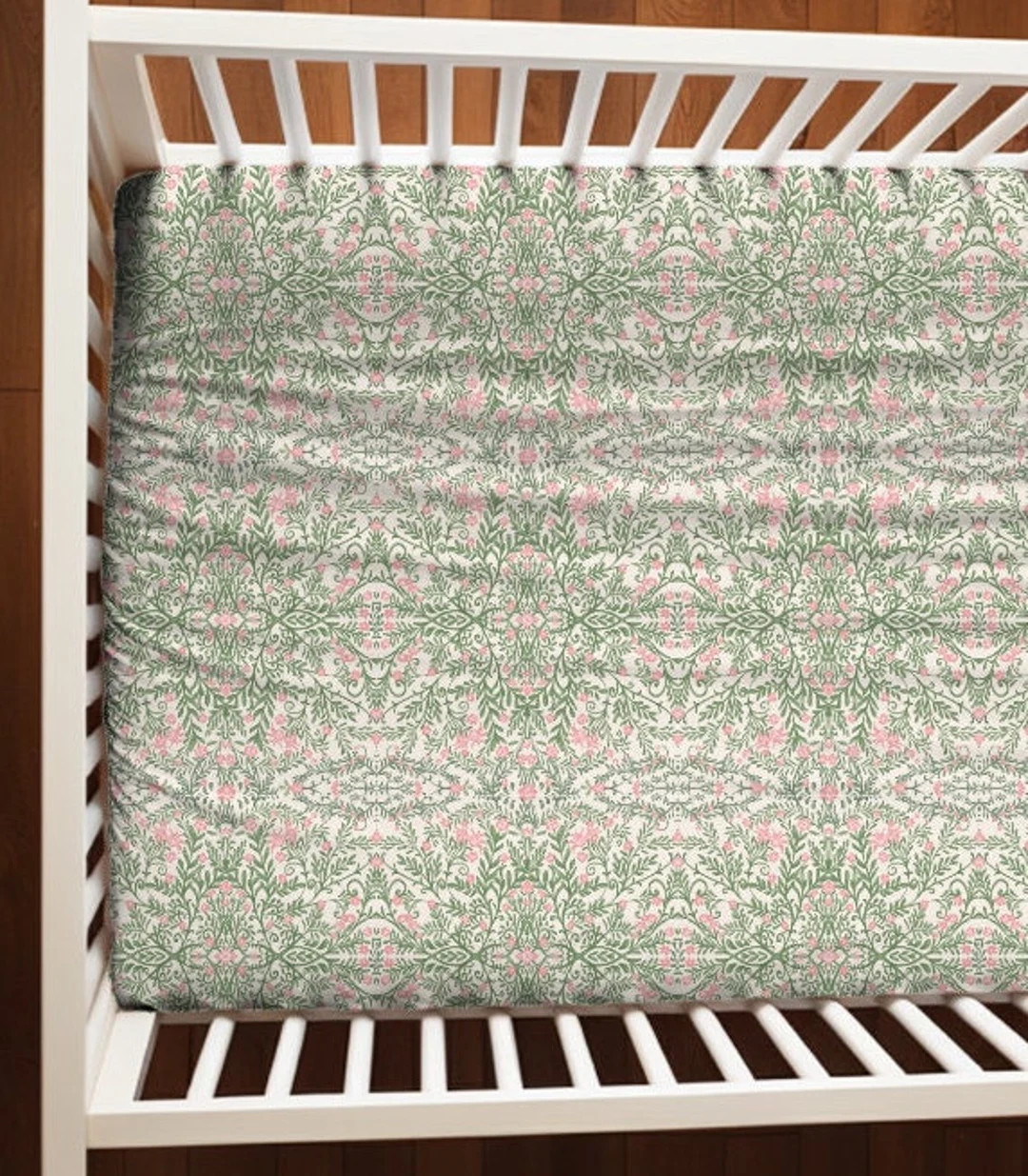 Pink & Green Crib Sheet Baby Bedding, Grandmillenial Floral Nursery, Chinoiserie Fitted Crib Shee... | Etsy (US)