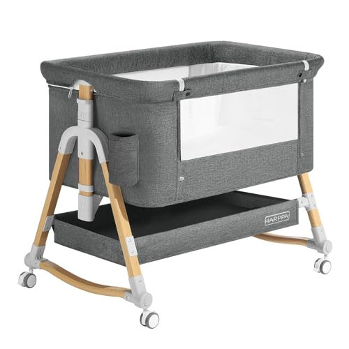 HARPPA Cuddly Bassinet, 3 in 1 Baby Bassinet Bedside Sleeper, Bedside Crib with Mattress and Wheels, Breathable Mesh, 5 Height Adjustable, Anchor Strap (Wood Grain, Grey) | Amazon (US)