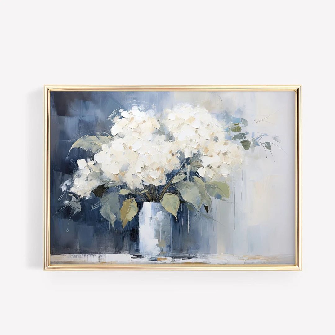 Hydrangea Print White Hydrangea Wall Art Vintage Painting Muted Home Decor Oil Painting Blue Grey... | Etsy (US)