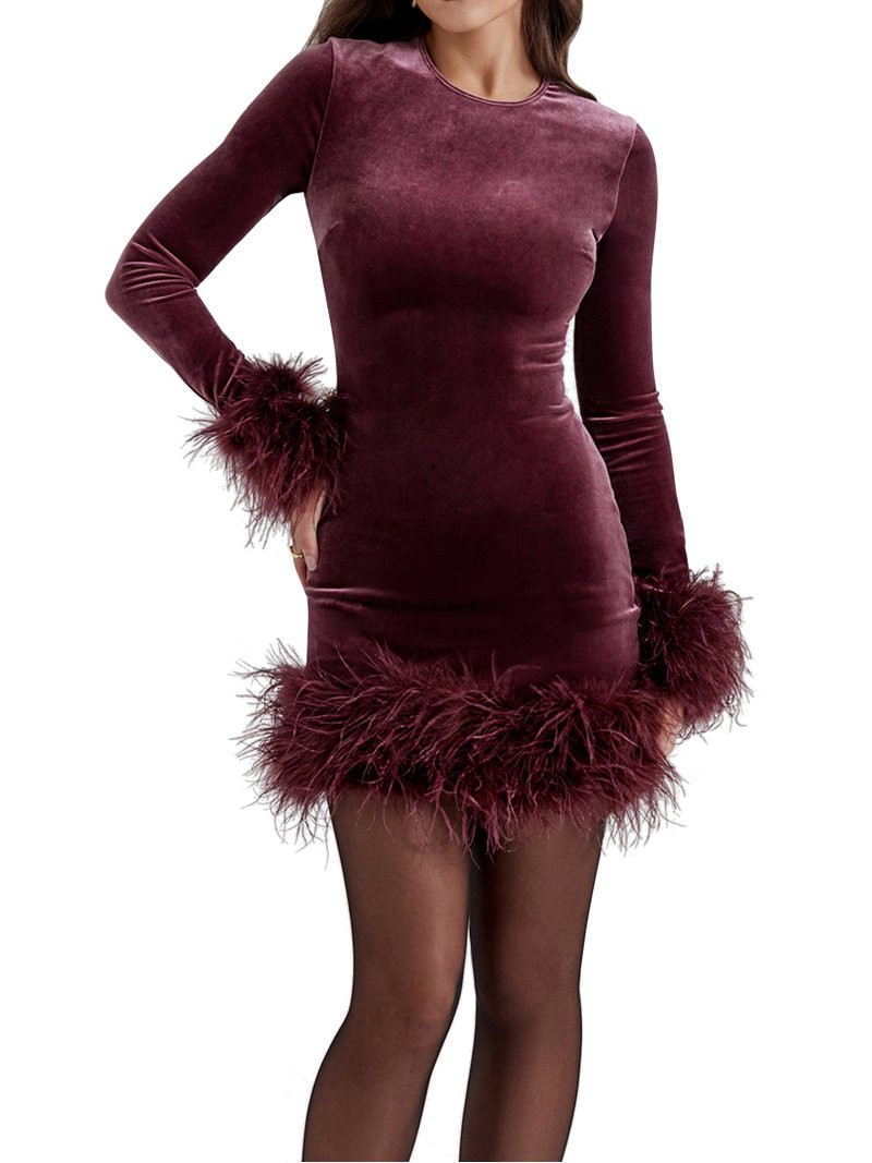 Women Long Sleeve Furry Patchwork Bodycon Mini Dress Sexy Plush Trim Slim Fit Dress Party Christm... | Walmart (US)