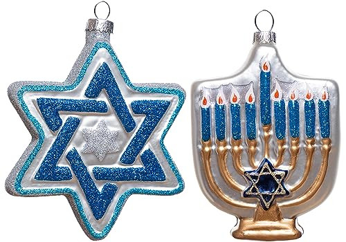 Set of 2 Hand Blown Glass Hanukkah Ornaments for Tree Decorations, Hanging Glass Star of David Ornament and Menorah Ornament, Premium Jewish Christmas Ornaments for Christmas Tree | Amazon (US)