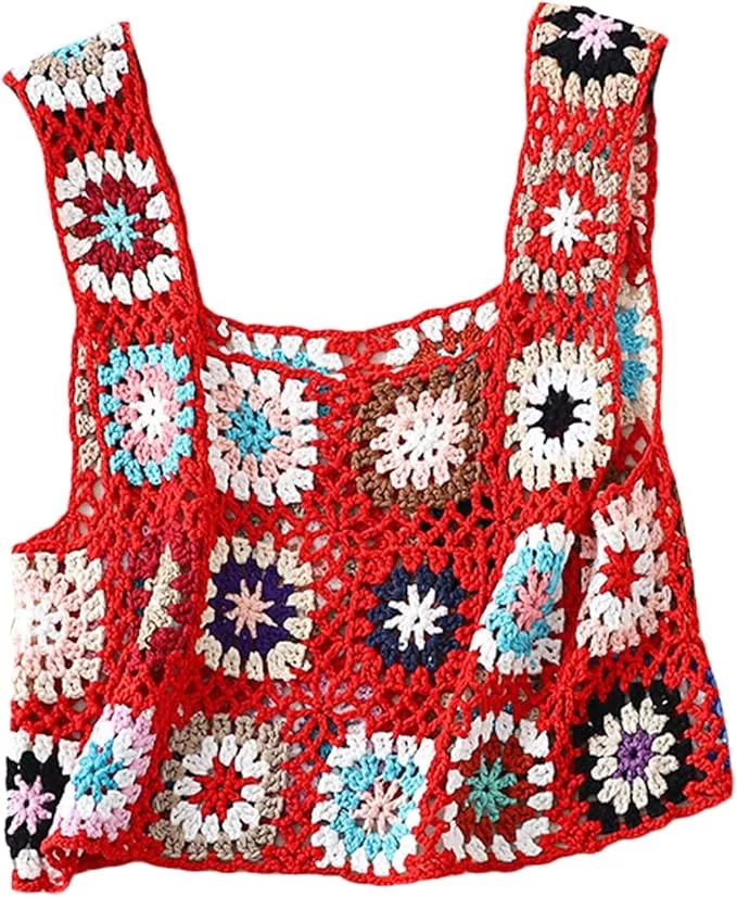 Women's Summer Crochet Tank Top Colorful Floral Embroidery Knit