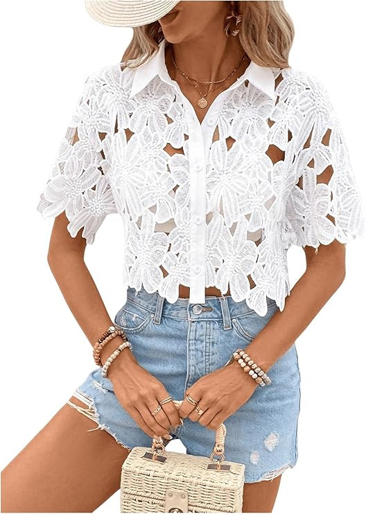 SOLY HUX Women's Floral Lace Cropped Blouses Hollow Out Crop Tops Blouse Short Sleeve Button Down... | Amazon (US)