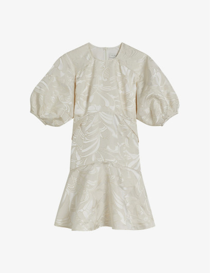 Womens Natural Alannah Floral-jacquard Puff-sleeved Woven Mini Dress 12 | Selfridges