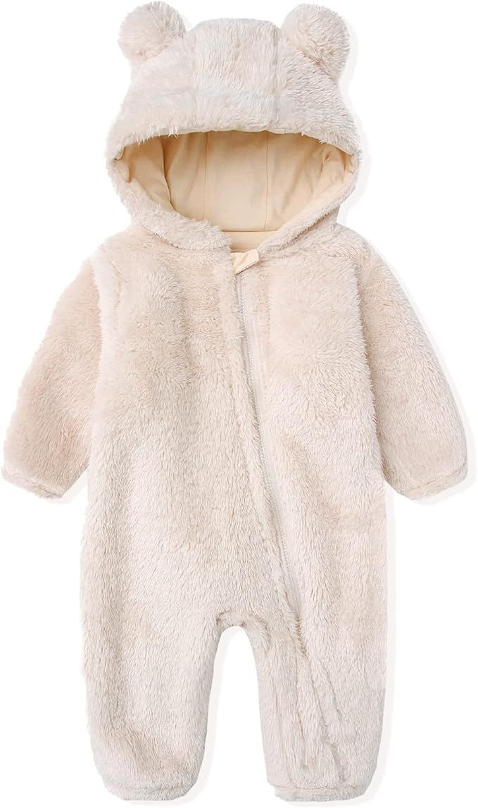 Newborn Baby Snowsuit Fleece Lined Onesie Outfits Warm Hooded Romper for Infant | Amazon (US)