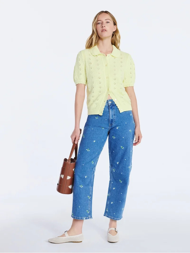 Free Assembly Women's and Women's Plus Cotton Pointelle Cardigan Sweater with Short Sleeves, Ligh... | Walmart (US)