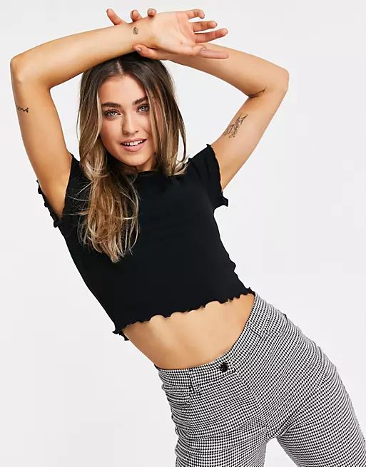 ASOS DESIGN crop fitted t-shirt with lettuce edge in black | ASOS (Global)