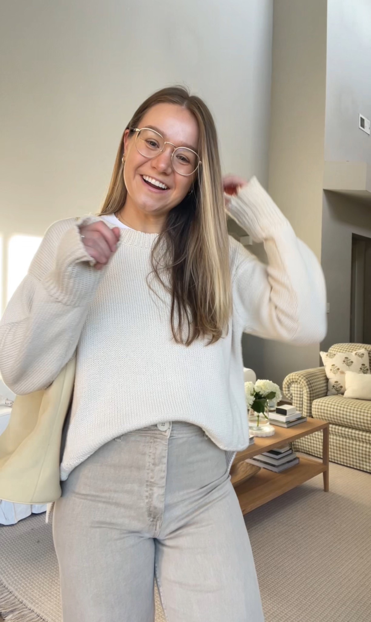 Sweater is Honest Cotton (linked). Pants are Zara. Tee is Uniqlo (linked, wearing medium). Bag is Jcrew (linked). Shoes are Adidas Spezials in cream suede!