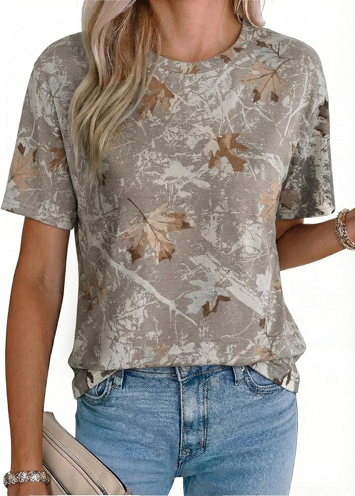 EVALESS Womens Camo Shirt Summer Graphic Tee Crewneck Short Sleeve Oversized Maple Leaf Camouflag... | Amazon (US)
