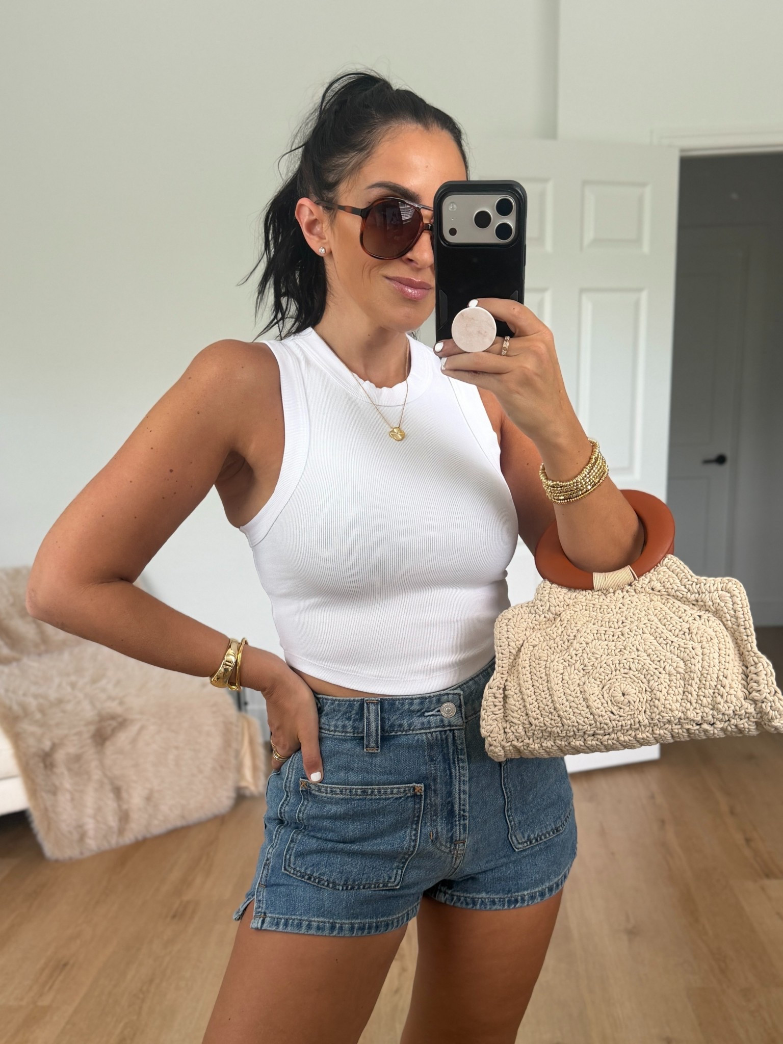 Vitamin A® Daybreak Essential Crop Tank wearing size small. Free People Bettie Sailor Patch Pocket Denim Shorts (Vixen) Wearing size 27