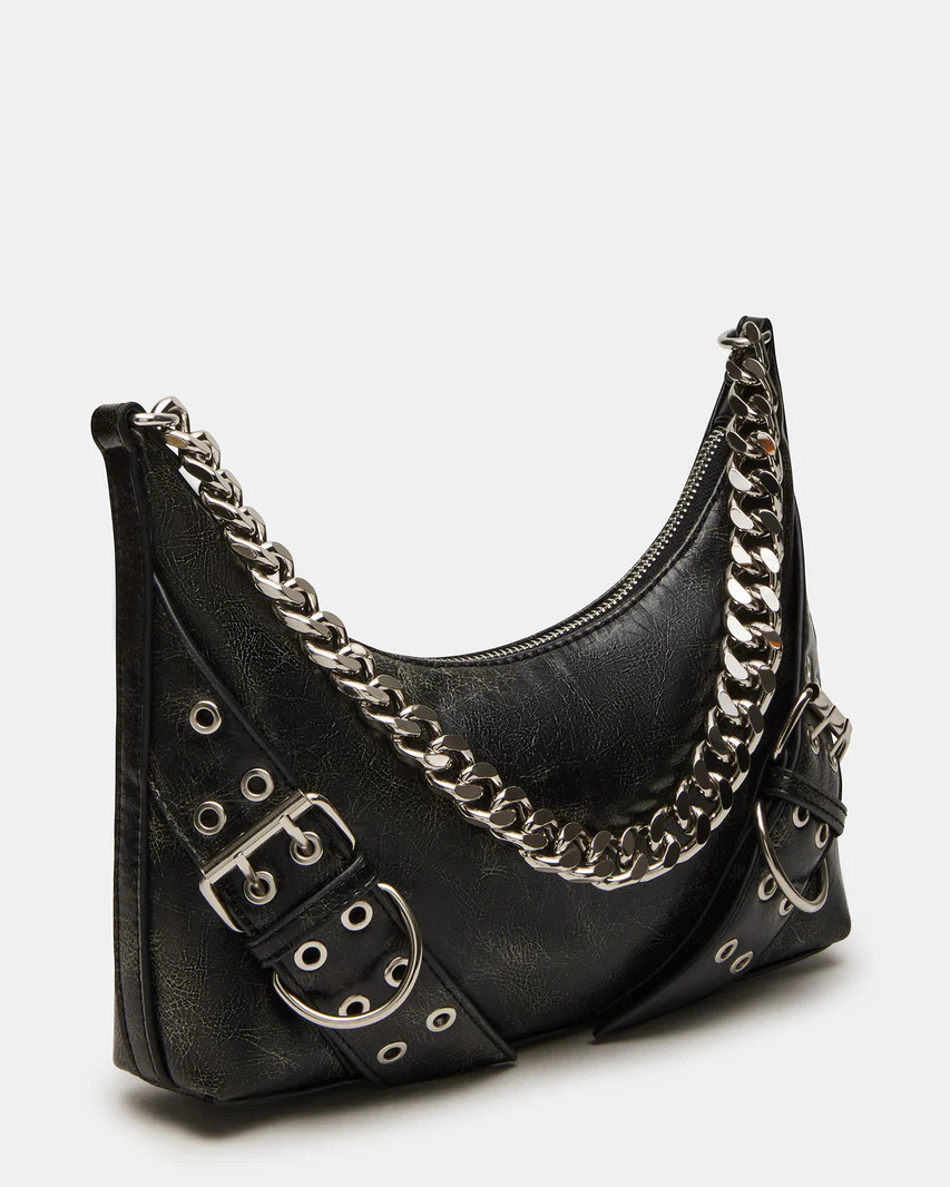 GRAYA Chain Shoulder Strap Bag Black Distressed | Women's Handbags | Steve Madden (US)