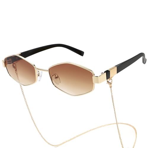 Trendy Hexagon Sunglasses For Women Retro Designer Metal Classic Shades Sun Glasses with Chain | Amazon (US)