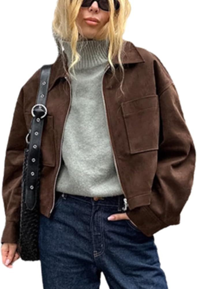 Suede Jacket Women Brown Casual Long Sleeve Lapel Zip Up Cropped Suede Bomber Jacket Women 2025 | Amazon (US)