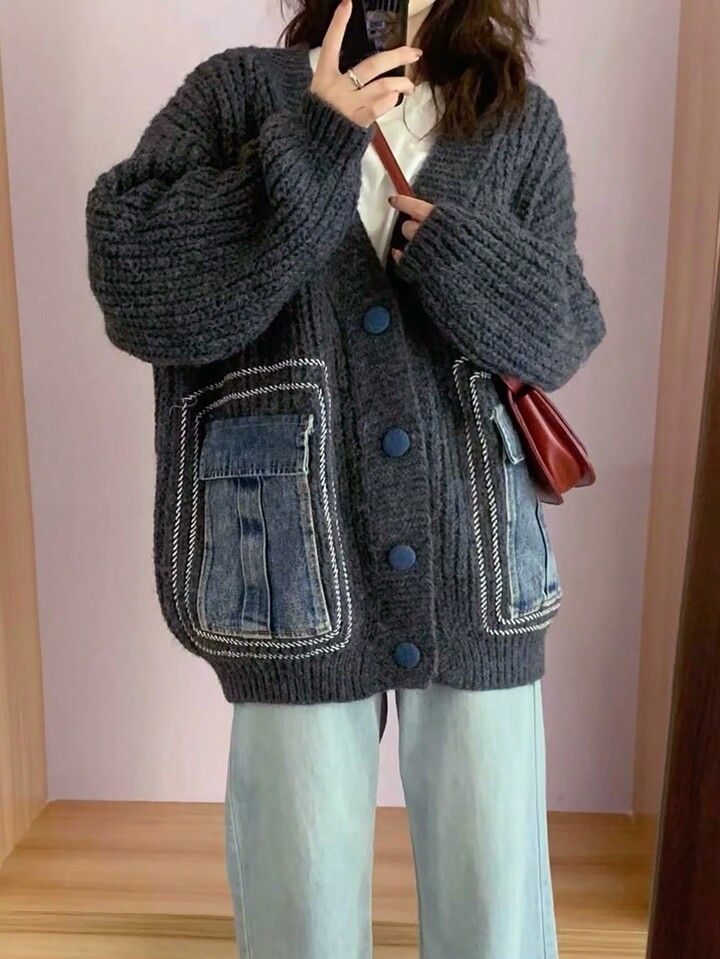 Pocket Decor Drop Shoulder Oversized Cardigan | SHEIN