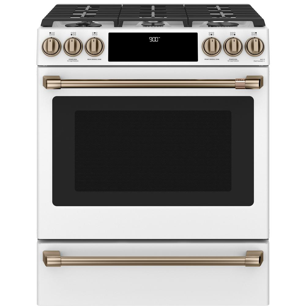 Cafe 30 in. 5.7 cu. ft. Slide-In Dual Fuel Range with Self-Cleaning Convection Oven in Matte White,  | The Home Depot