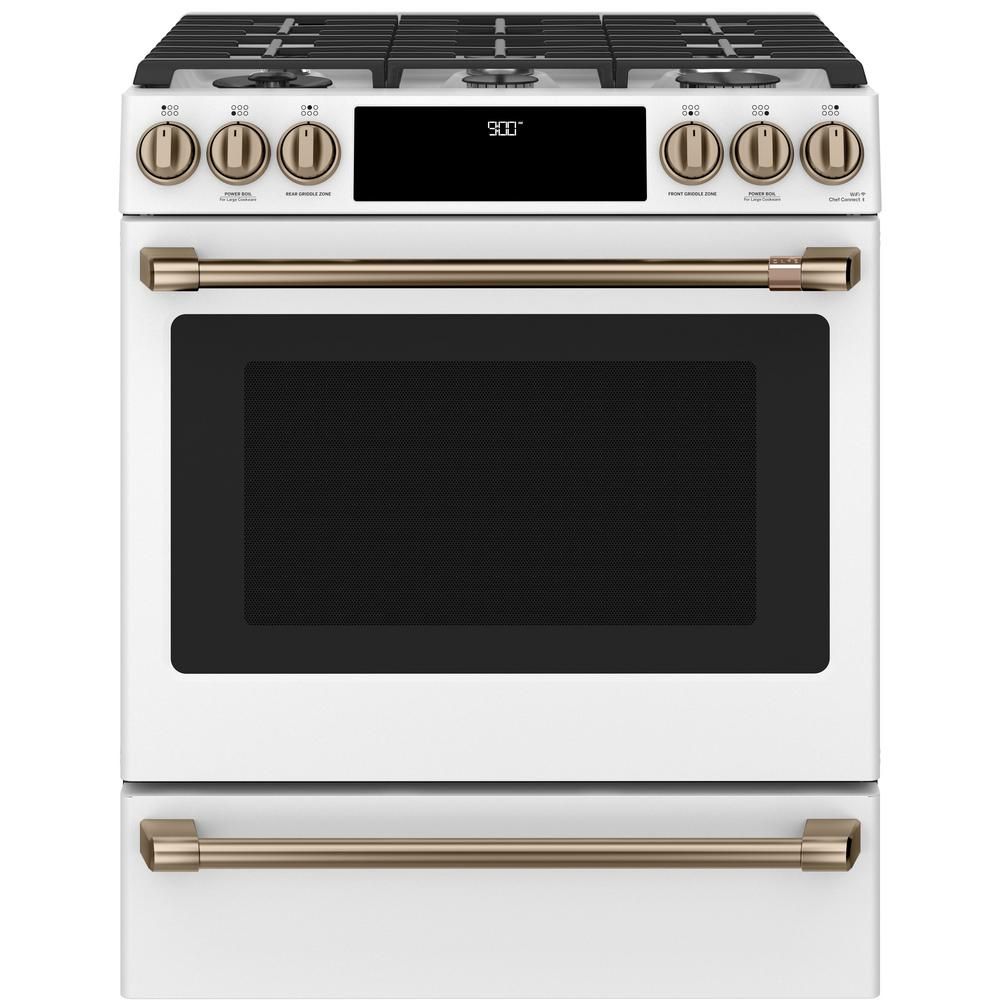 Cafe 30 in. 5.7 cu. ft. Slide-In Dual Fuel Range with Self-Cleaning Convection Oven in Matte White,  | The Home Depot