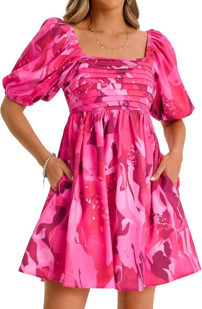 Wenrine Womens Summer Square Neck Mini Dresses Casual Floral Puff Short Sleeve Smocked High Waist... | Amazon (US)