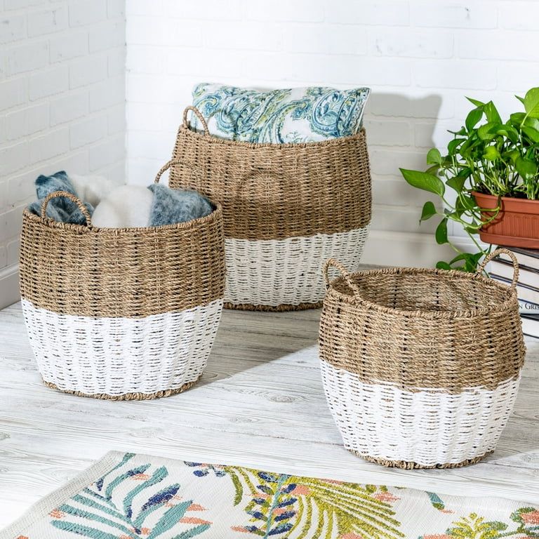 Mainstays Set of 3 Round Nesting Seagrass 2-Color Baskets with Handles, Natural & White | Walmart (US)