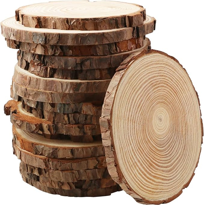 FSWCCK 17 PCS Unfinished Wood Slices for centerpieces 5.1-5.5 Inch,Round Wooden Discs with Tree B... | Amazon (US)