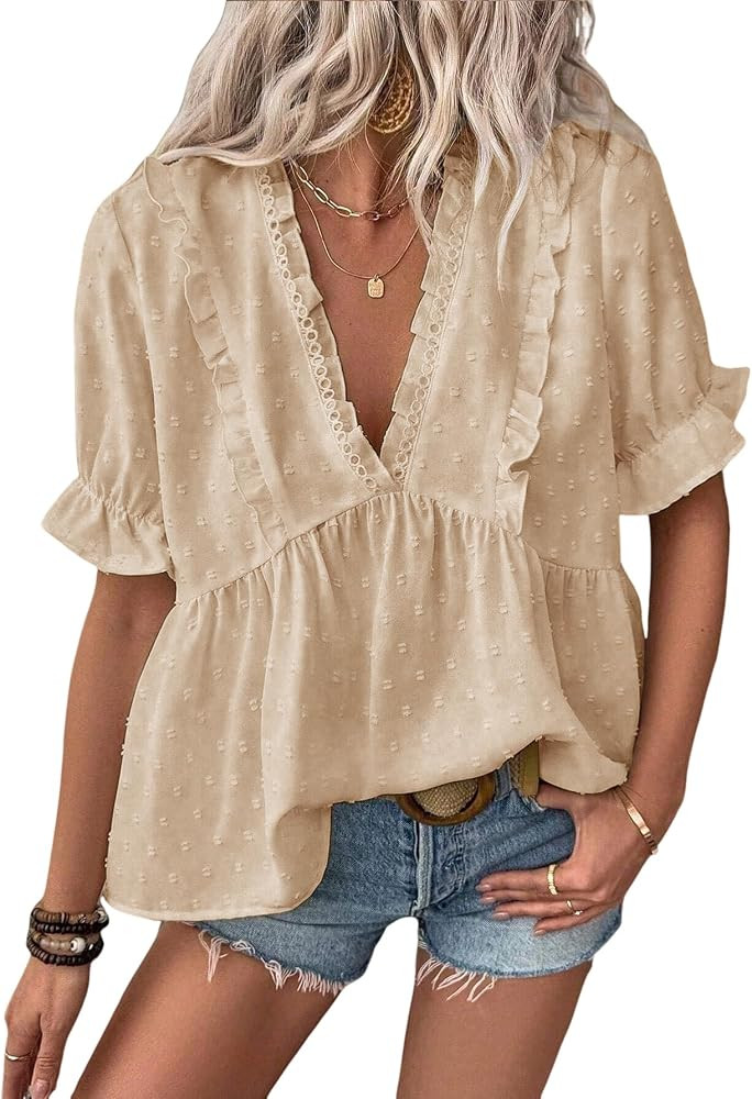 LALAGEN Womens Blouses Laser Cut Deep V-Neck Puff Sleeve Blouse Tops 2026 Summer Boho Dressy Casu... | Amazon (US)