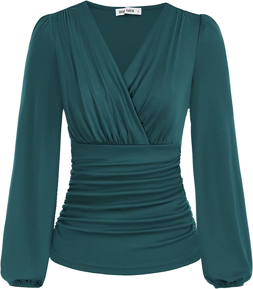 GRACE KARIN Womens Tops Elegant Surplice Wrap Blouse V Neck Lantern Long Sleeve Slim Fit Ruched T... | Amazon (US)