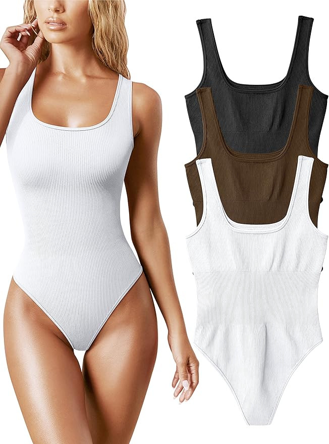 OQQ Women's 3 Piece Bodysuits Sexy Ribbed Sleeveless Square Neck Sleeveless Tank Tops Bodysuits | Amazon (US)