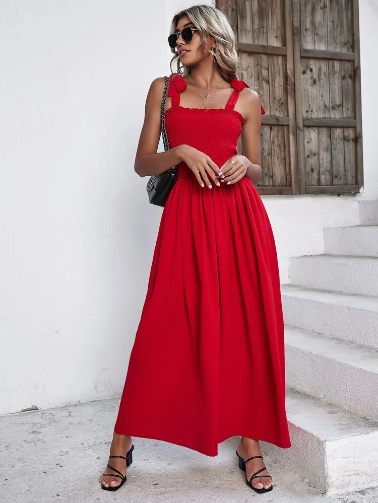 Tie Shoulder Shirred Frill Trim Cami Dress | SHEIN