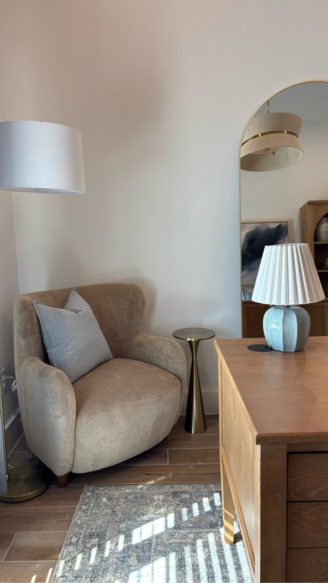 This is the perfect cozy corner to enjoy your cup of coffee or tea. Reading a book. The camel velvet chair and gold accents are warm and inviting ✨ 

#LTKHome #LTKSaleAlert