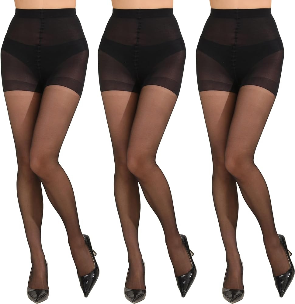 3 Pairs Women's 20D Pantyhose with Control Top and Reinforced Toes | Amazon (US)