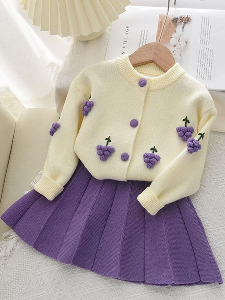 2pcs/set Young Girls' Cute Long Sleeve Fruit Pom Pom Decorated Sweater And Pleated Skirt, Autumn ... | SHEIN