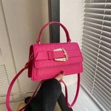 Crocodile Embossed Square Bag Hot Pink Fashionable Buckle Decor For Daily | SHEIN